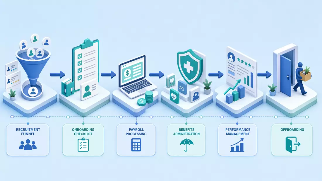 Isometrisches 3D-Diagramm der HR-Software-Prozessschritte von Rekrutierung bis Offboarding