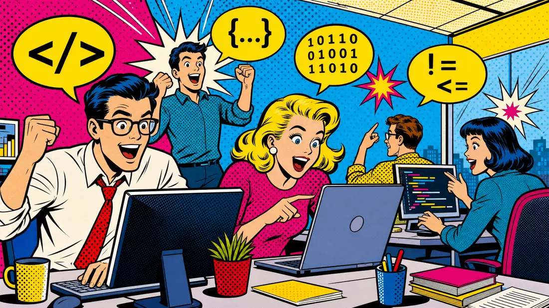 Pop-Art-Comic-Szene mit begeisterten Entwicklern im Tech-Software-Büro, Lichtenstein-Stil