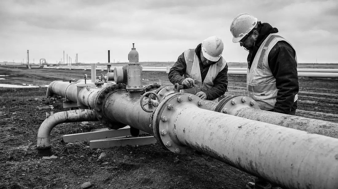 Schwarzweiß-Reportagefoto von Arbeitern bei der Inspektion einer Gaspipeline im Freien