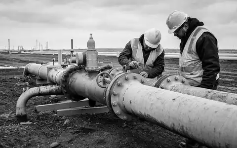 CenterPoint Energy Inc. Arbeiter inspizieren Erdgaspipeline, dokumentarische Schwarzweiß-Aufnahme im Feld, ISIN US15189T1079 - Foto: THN