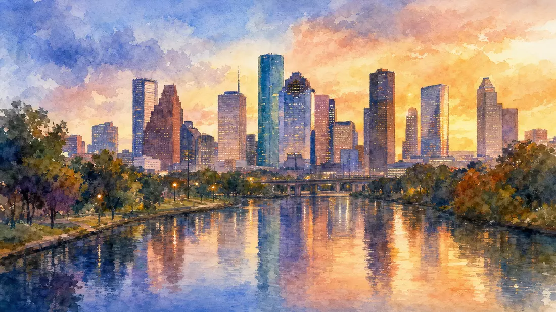 Aquarell der Houston-Skyline in Abenddämmerung mit Wasserreflexionen im Vordergrund
