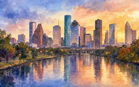 CenterPoint Energy Inc. Houston-Skyline in Aquarellmalerei mit Spiegelung im Bayou, ISIN US15189T1079 - Foto: THN