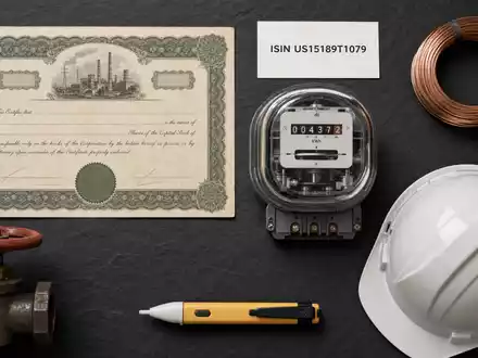 CenterPoint Energy Inc. Flatlay mit Aktienzertifikat und ISIN-Karte US15189T1079 sowie branchentypischen Versorgungsbranche-Utensilien - Foto: THN