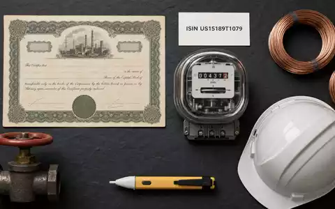CenterPoint Energy Inc. Flatlay mit Aktienzertifikat und ISIN-Karte US15189T1079 sowie branchentypischen Versorgungsbranche-Utensilien - Foto: THN