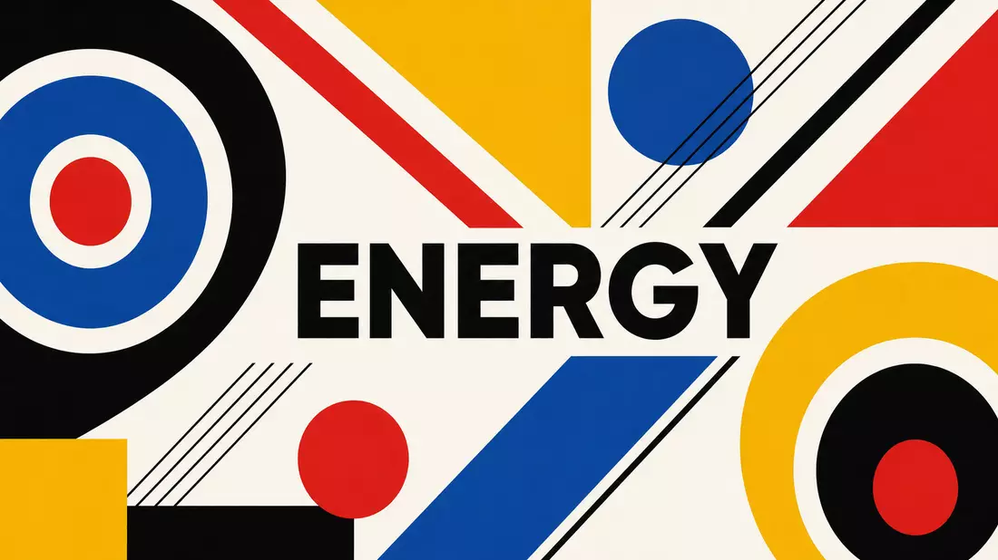 Bauhaus-Designposter mit geometrischen Formen in Rot, Blau, Gelb und dem Wort ENERGY