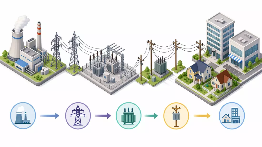 Isometrische 3D-Illustration der Energiekette: Kraftwerk, Umspannwerk, Verteilung, Verbraucher