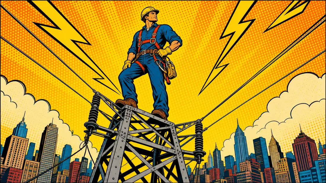 Pop-Art-Comicszene: Elektriker in Sicherheitsausrüstung steht heroisch auf Hochspannungsmast