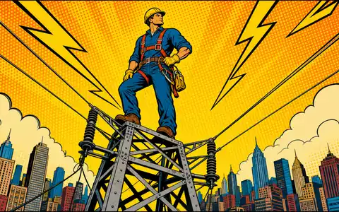 CenterPoint Energy Inc. Pop-Art-Comic mit Elektriker-Held auf Hochspannungsmast vor Stadtsilhouette, ISIN US15189T1079 - Foto: THN