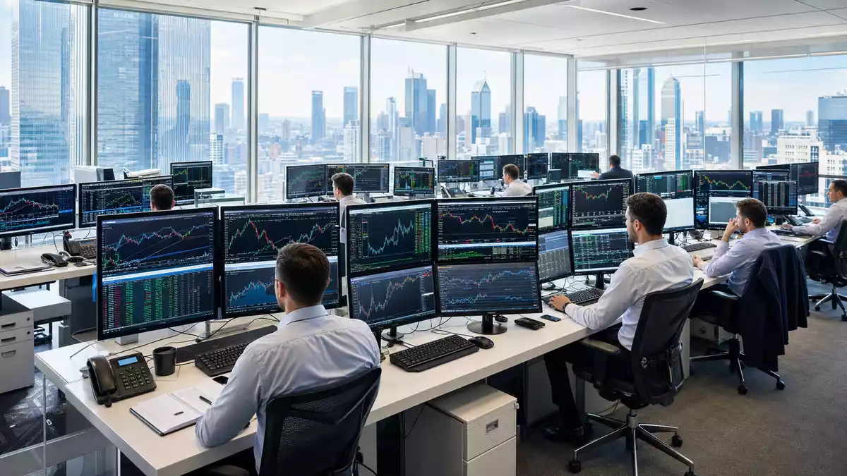 Fotorealistischer Handelsraum mit Börsencharts und Stadtblick, Finanzdienstleistungen