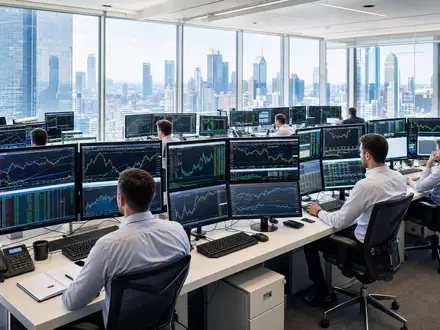 Charles Schwab Corp. US8085131050 fotorealistischer moderner Handelsraum mit Monitoren und Stadtpanorama im Hintergrund - Foto: THN