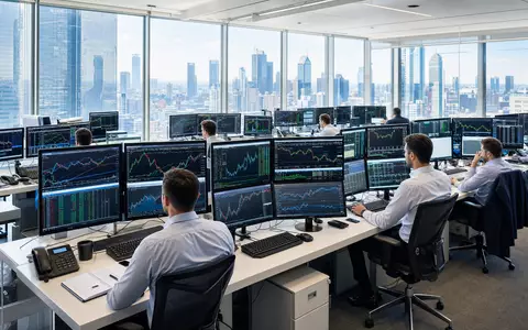 Charles Schwab Corp. US8085131050 fotorealistischer moderner Handelsraum mit Monitoren und Stadtpanorama im Hintergrund - Foto: THN