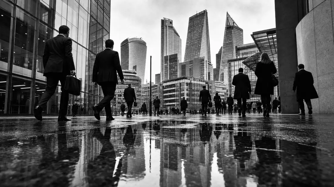 Dokumentarische SW-Aufnahme von Geschäftsleuten im Finanzdistrikt bei Regen