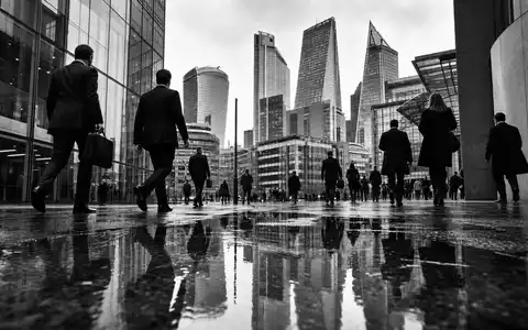 Charles Schwab Corp. US8085131050 dokumentarische Schwarzweiß-Reportage im Finanzdistrikt mit Geschäftsleuten und Hochhäusern - Foto: THN