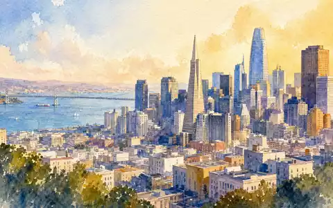 Charles Schwab Corp. US8085131050 Aquarell-Stadtbild San Francisco Skyline mit Bucht Brücke und Türmen - Foto: THN