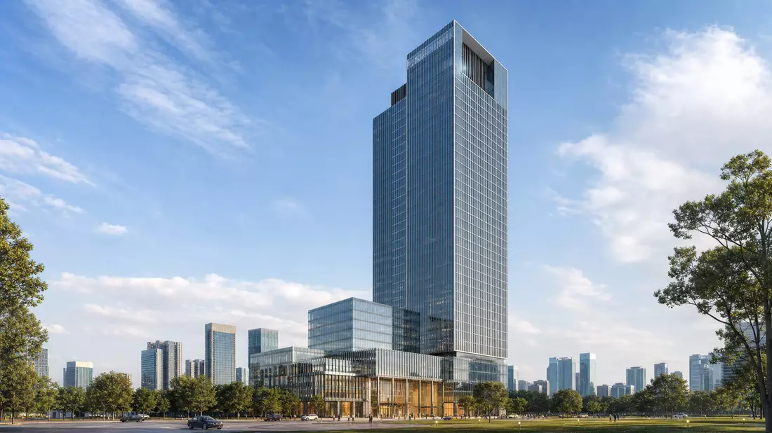 Fotorealistisches 3D-Render eines modernen Glas-Stahl-Büroturms als Finanz-HQ