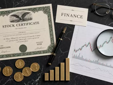 Charles Schwab Corp. US8085131050 Flatlay mit Aktien-Zertifikat ISIN-Karte Börsenwerkzeuge und Goldmünzen auf Marmor - Foto: THN