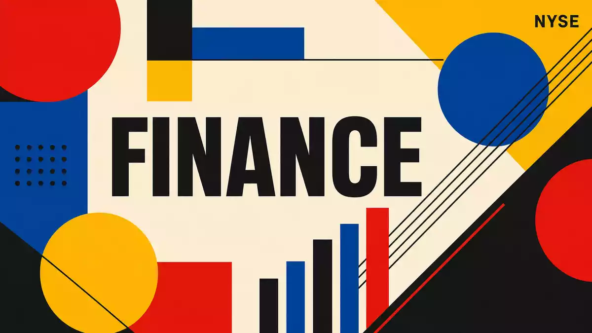 Bauhaus-Poster mit geometrischen Formen in Primärfarben und FINANCE-Schriftzug
