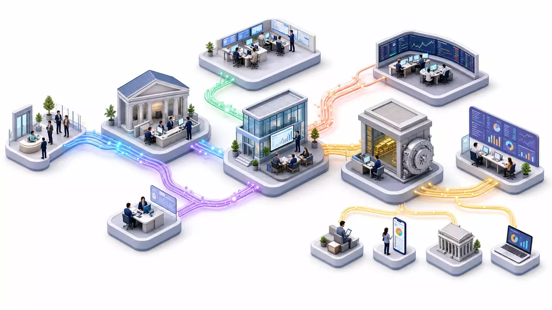 Isometrische 3D-Illustration der Finanz-Wertschöpfungskette mit vernetzten Gebäuden