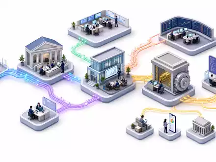 Charles Schwab Corp. US8085131050 isometrisches 3D Diagramm der Finanzdienstleistungen Wertschöpfungskette mit farbig vernetzten Gebäuden - Foto: THN