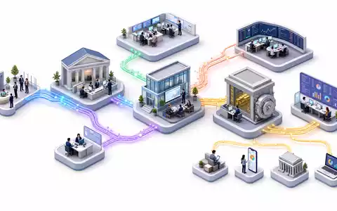 Charles Schwab Corp. US8085131050 isometrisches 3D Diagramm der Finanzdienstleistungen Wertschöpfungskette mit farbig vernetzten Gebäuden - Foto: THN