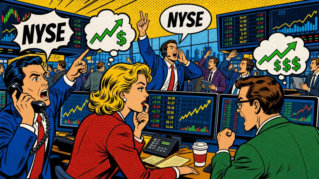 Pop-Art-Comic mit Börsenhändlern, NYSE-Sprechblasen und Aufwärtstrend-Symbolen