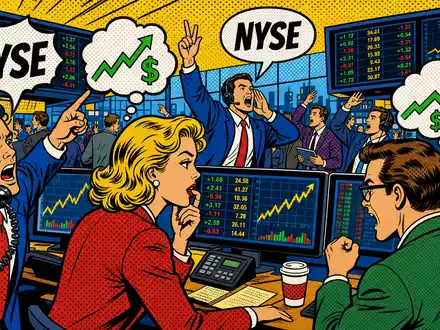 Charles Schwab Corp. US8085131050 Pop-Art-Comic Börsenhändler an NYSE Terminals mit bunten Sprechblasen und Halftone-Muster - Foto: THN