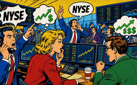 Charles Schwab Corp. US8085131050 Pop-Art-Comic Börsenhändler an NYSE Terminals mit bunten Sprechblasen und Halftone-Muster - Foto: THN