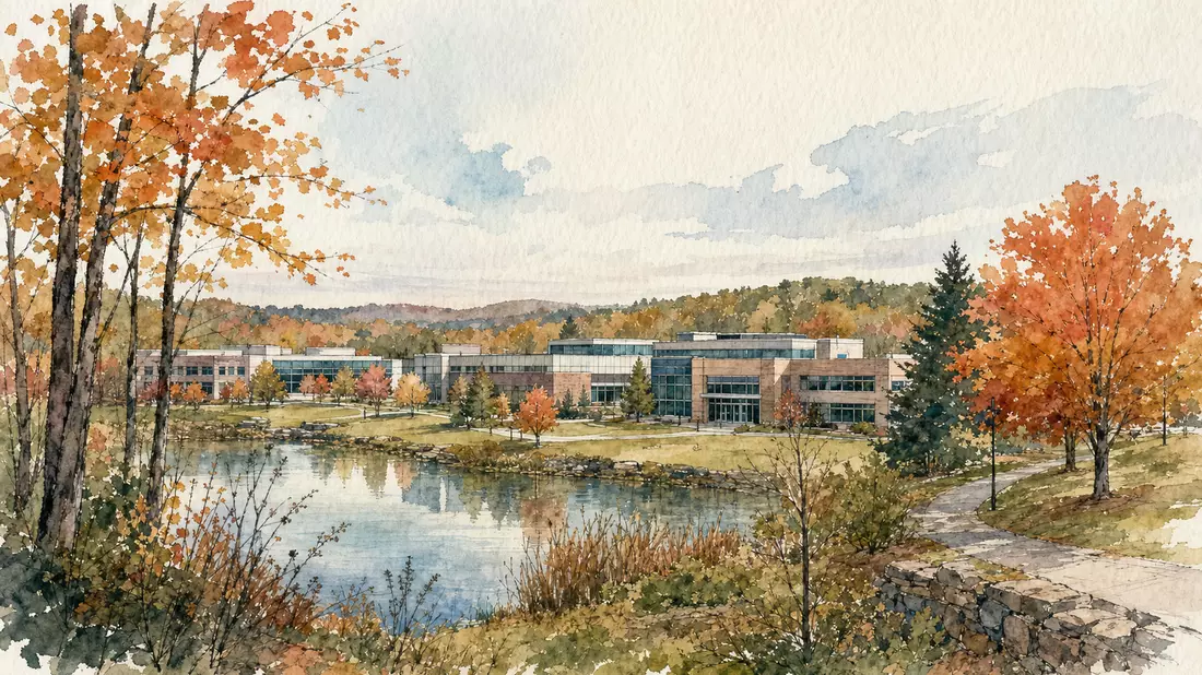 Aquarell: Forschungspark-Campus mit Herbstbäumen und Fluss in New England
