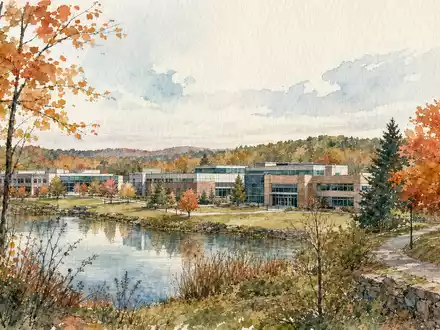 Charles River Laboratories Standort Wilmington Massachusetts als Aquarell mit herbstlicher Flusslandschaft, ISIN US1591881009 - Foto: THN