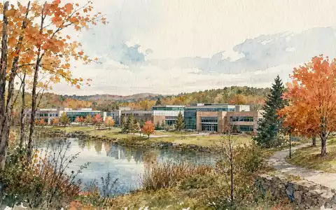 Charles River Laboratories Standort Wilmington Massachusetts als Aquarell mit herbstlicher Flusslandschaft, ISIN US1591881009 - Foto: THN