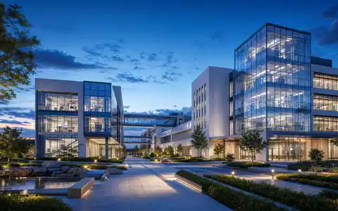 Charles River Laboratories Biopharma-Forschungsgebäude als moderner Architektur-Render zur blauen Stunde, ISIN US1591881009 - Foto: THN