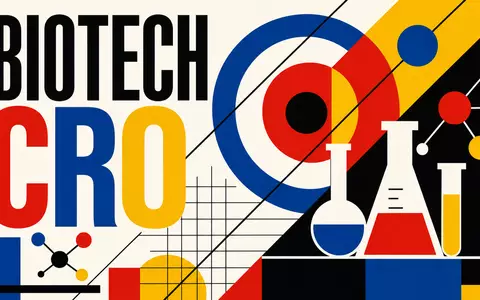 Charles River Laboratories Bauhaus-Poster mit geometrischen Formen und BIOTECH CRO Text, ISIN US1591881009, Primärfarben - Foto: THN