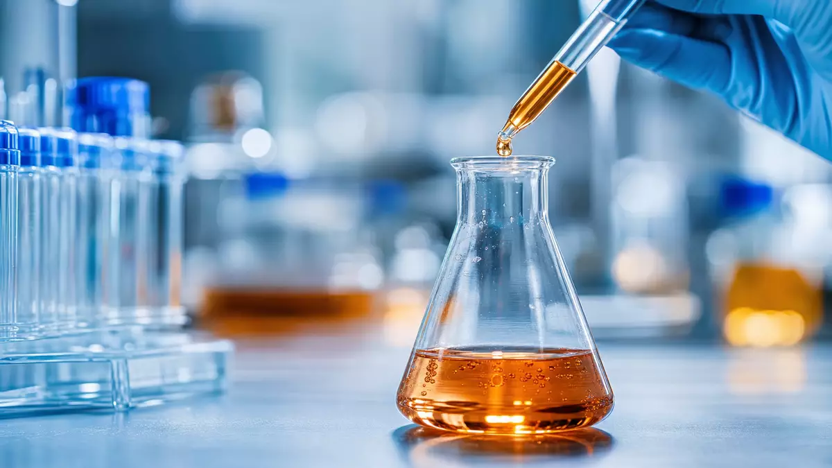 Makro: Pipette tropft in Erlenmeyerkolben mit bernsteinfarbenem Kulturmedium