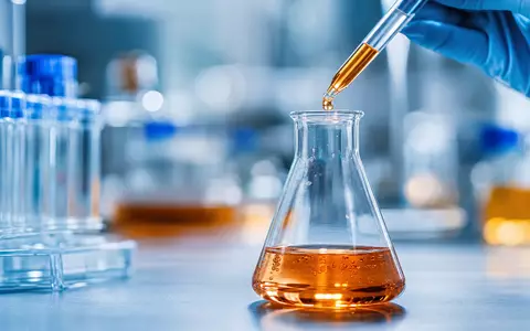 Charles River Laboratories Pharmaforschung als Makro-Detailaufnahme eines Laborkolbens mit Zellkulturmedium, ISIN US1591881009 - Foto: THN