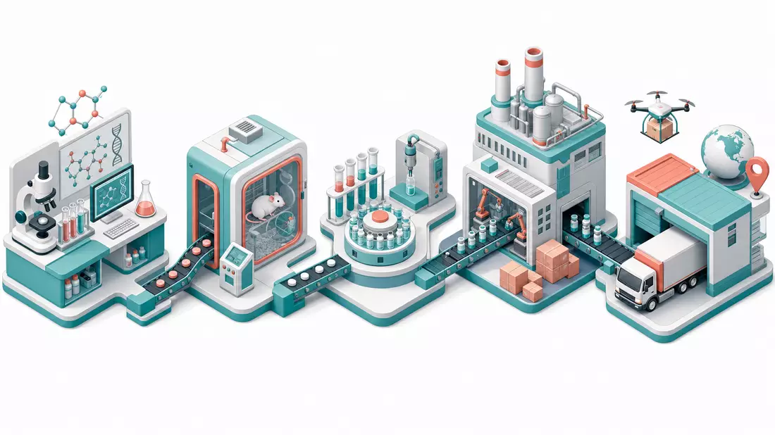 Isometrische 3D-Illustration: Pharma-Wertschöpfungskette von Forschung bis Lieferung