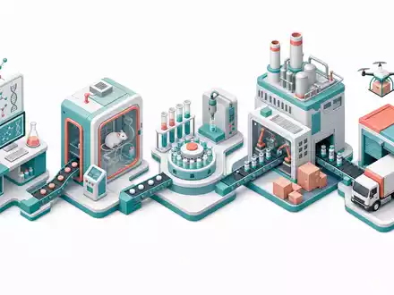 Charles River Laboratories CRO-Wertschöpfungskette als isometrisches 3D-Diagramm in teal und koralle, ISIN US1591881009 - Foto: THN