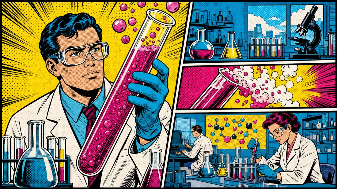 Pop-Art-Comic: Wissenschaftler mit leuchtendem Reagenzglas in farbenfrohem Labor