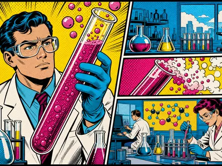 Charles River Laboratories Biotech im Pop-Art-Comic mit farbenfrohem Laborwissenschaftler und Reagenzgläsern, ISIN US1591881009 - Foto: THN