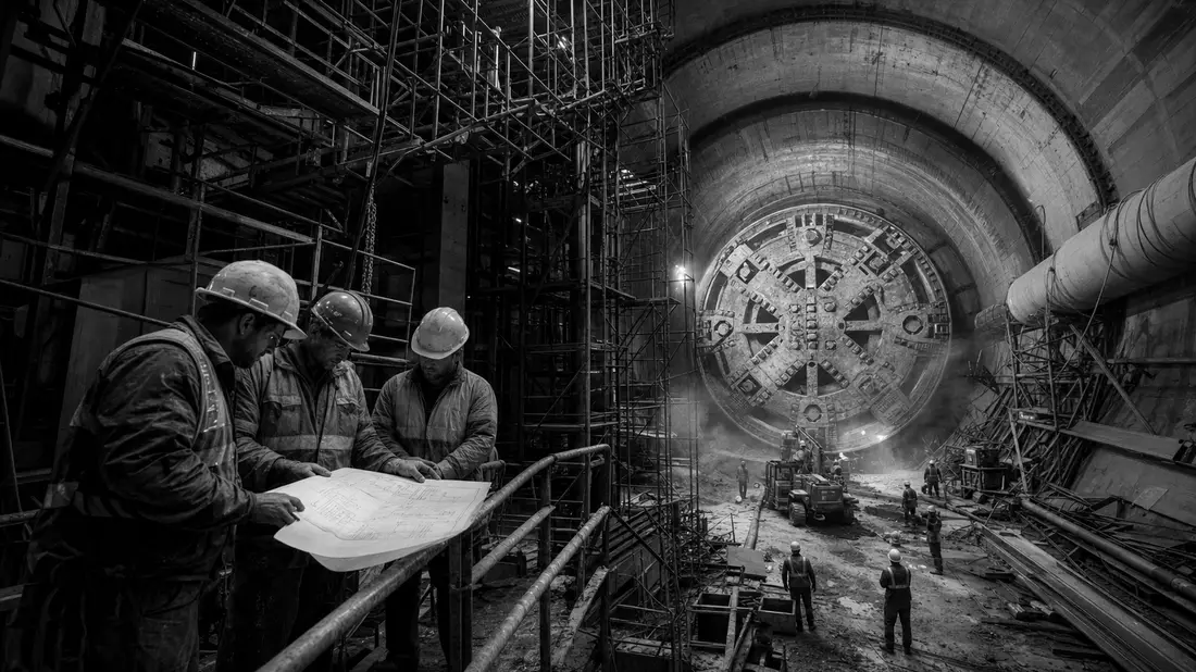 Schwarz-Weiß-Reportage HOCHTIEF AG Tunnelbaustelle mit Tunnelbohrmaschine