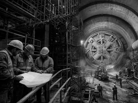 HOCHTIEF AG Tunnelbohrung DE0006070006 als dokumentarische Schwarzweiß-Aufnahme mit Bauarbeitern vor gigantischer Tunnelbohrmaschine - Foto: THN