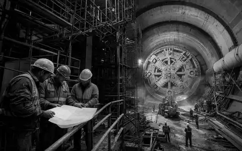 HOCHTIEF AG Tunnelbohrung DE0006070006 als dokumentarische Schwarzweiß-Aufnahme mit Bauarbeitern vor gigantischer Tunnelbohrmaschine - Foto: THN