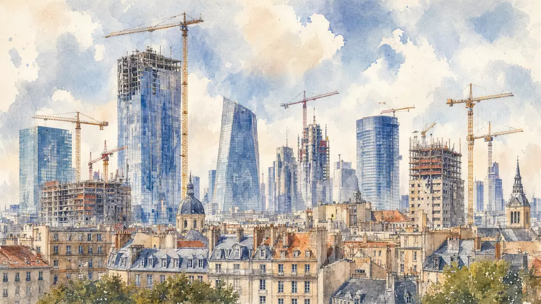 Aquarell-Stadtpanorama HOCHTIEF AG mit modernen Hochhäusern und Baukränen