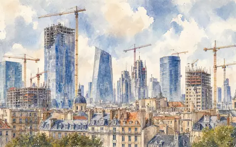 HOCHTIEF AG Stadtpanorama DE0006070006 als Aquarellmalerei mit modernen Hochhäusern und Baukränen über alter Stadt - Foto: THN