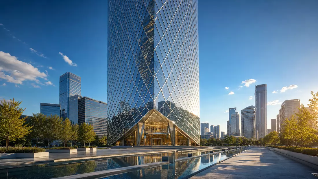 Architektur-Render HOCHTIEF AG moderner Glasturm mit Reflektionsbecken im Finanzviertel