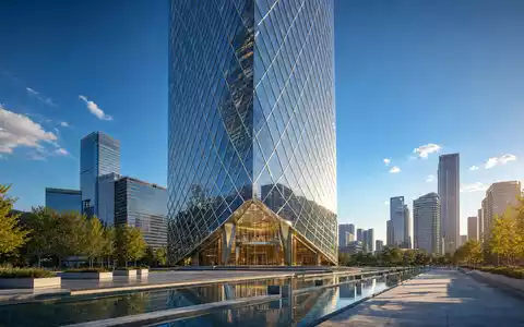 HOCHTIEF AG Hochhausrender DE0006070006 zeigt modernes Glasgebäude im Finanzviertel mit Reflektionsbecken bei Sonnenlicht - Foto: THN