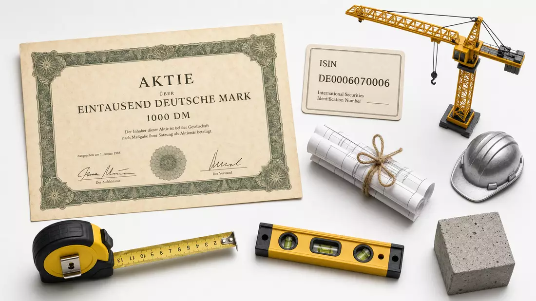 Flatlay HOCHTIEF AG Aktie DE0006070006 mit Baukran-Miniatur und Bauutensilien