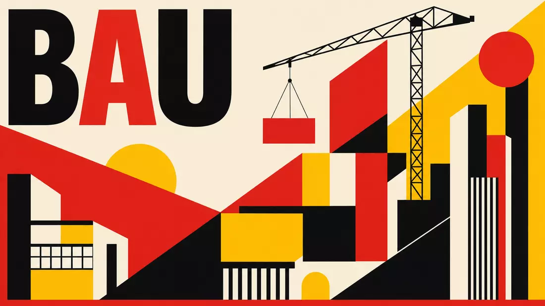 Bauhaus-Poster HOCHTIEF AG geometrische Formen Primärfarben BAU Kran Skyline