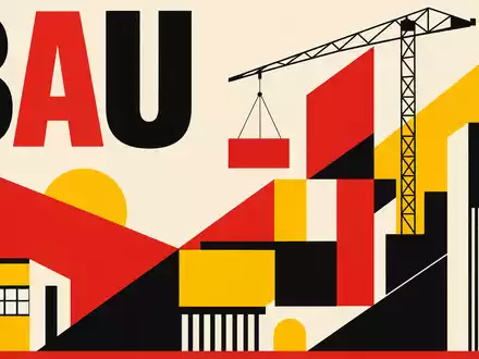 HOCHTIEF AG Bauhaus-Poster DE0006070006 zeigt geometrisches Design mit BAU-Schriftzug Kran und kräftigen Primärfarben - Foto: THN