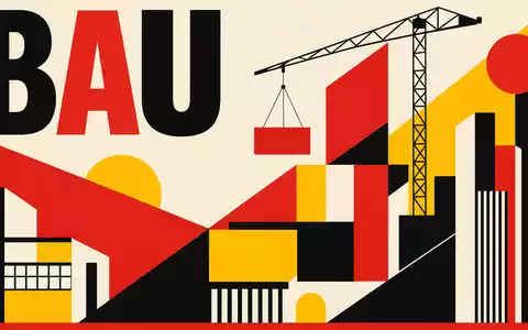 HOCHTIEF AG Bauhaus-Poster DE0006070006 zeigt geometrisches Design mit BAU-Schriftzug Kran und kräftigen Primärfarben - Foto: THN