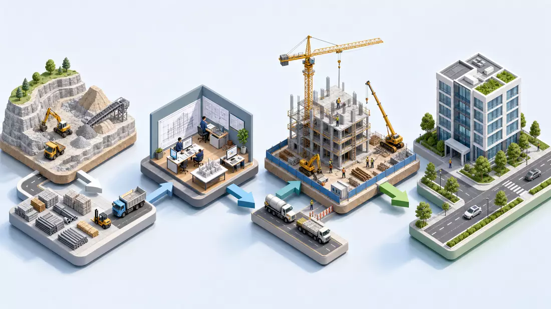 Isometrisches 3D-Diagramm HOCHTIEF AG Bauprozess von Rohstoffgewinnung bis Fertigstellung